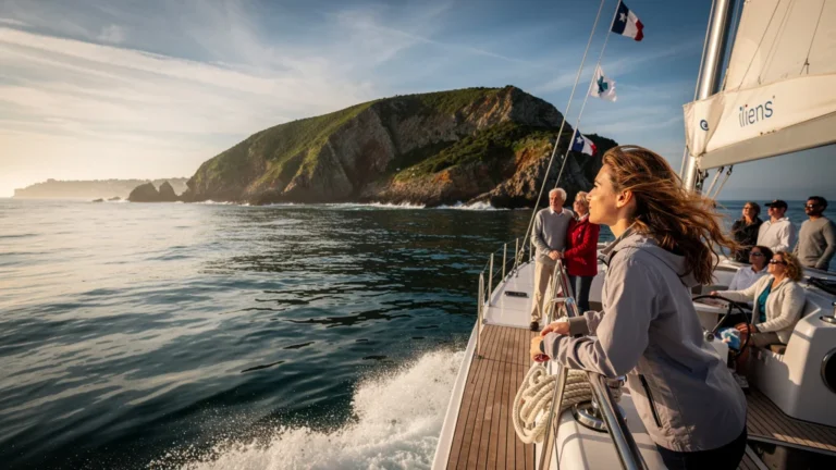 Bateau catamaran Iliens entre Quiberon et Belle-Île en Mer avec mer calme et ciel lumineux