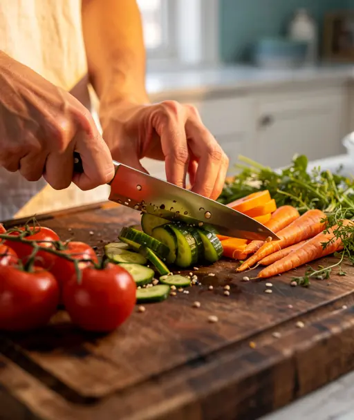 mains préparant des aliments sur un plan de travail en cuisine avec lumière naturelle