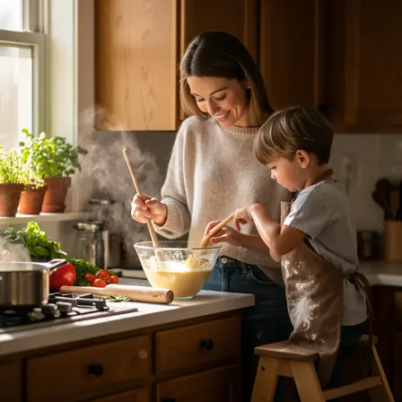 femme apprenant la cuisine traditionnelle française dans une cuisine chaleureuse et lumineuse