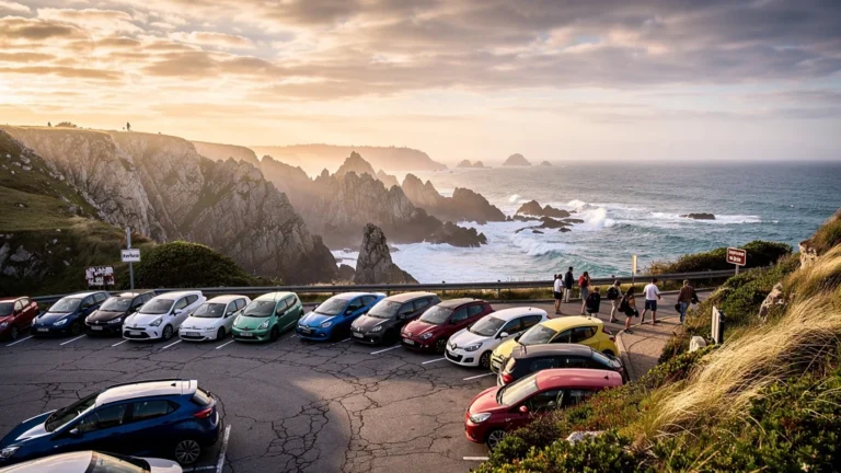 Photo hyper-réaliste des parkings à Presqu'île de Quiberon en fin de journée, ambiance estivale et nature sauvage