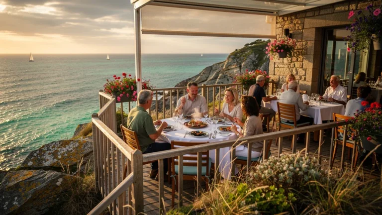 Restaurant en bord de mer à Quiberon avec vue panoramique sur l'océan et terrasse animée