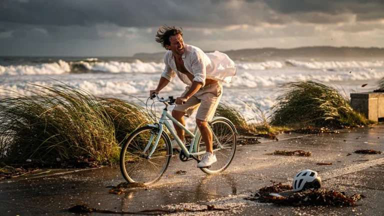 Homme luttant contre un vent violent en bord de mer avec un vélo léger loué, frustration et perte 120€ à la clé