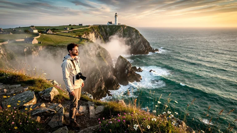 Panorama hyper-réaliste de Belle-Île vu d'une falaise au coucher de soleil lors d'une demi-journée