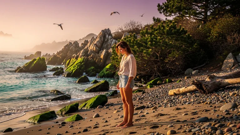 Matin à Portivy sur une plage sauvage rocheuse avec lumière dorée et ambiance paisible