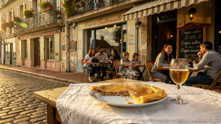 Photographie réaliste d’une terrasse de crêperie sur la presqu’île avec clients et ambiance authentique