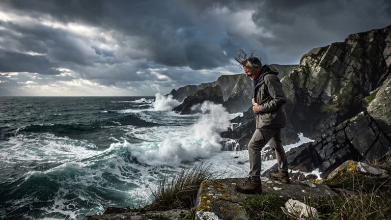 Photographie hyper-réaliste de la côte sauvage de Quiberon balayée par un vent violent et des vagues déchaînées