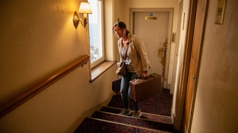 Voyageuse fatiguée montant des escaliers étroits d’un hôtel trois étoiles à Quiberon sans ascenseur