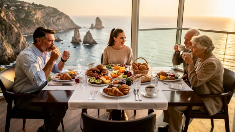 Comparaison hyperréaliste des petits-déjeuners dans trois hôtels de la presqu’île, ambiance matin chaleureuse