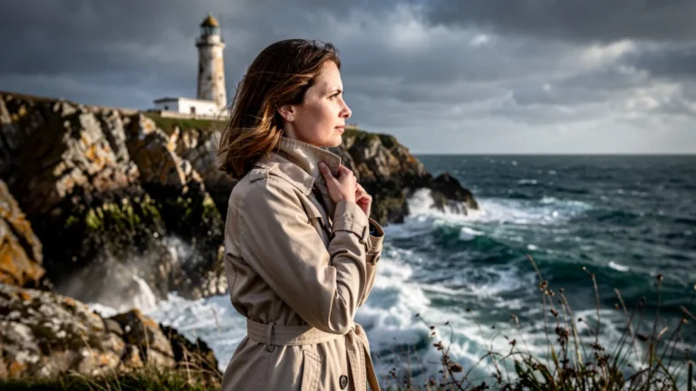 Femme pensive sur les falaises de Quiberon face à l’océan lors d’un séjour contemplatif et mélancolique