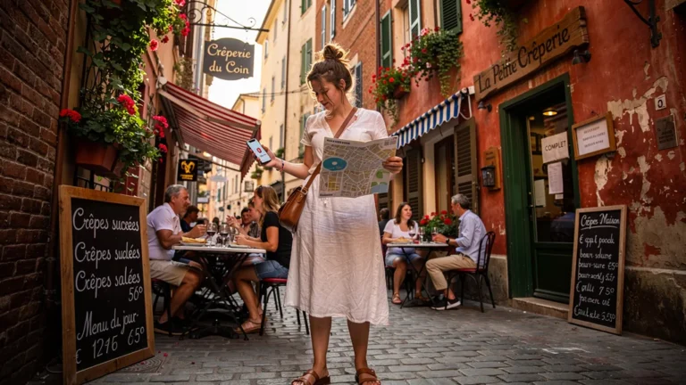 Femme fatiguée cherchant une crêperie sans réservation en juillet sous un soleil estival brûlant
