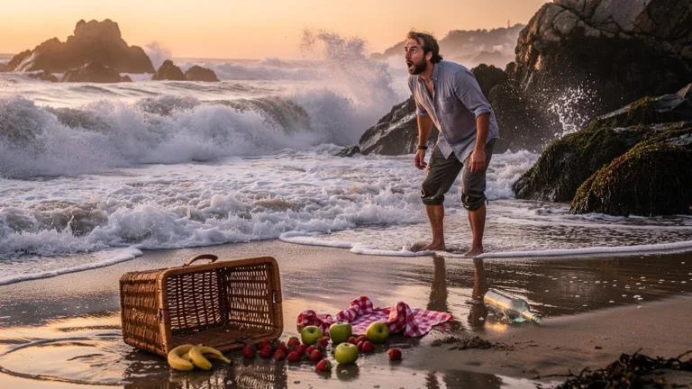 Personne perd son pique-nique emporté par la marée montante à la plage de Kerhostin au coucher du soleil