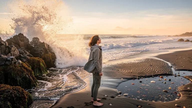 Vue hyper-réaliste de la côte sauvage à marée haute et basse sur une même journée, paysage naturel spectaculaire