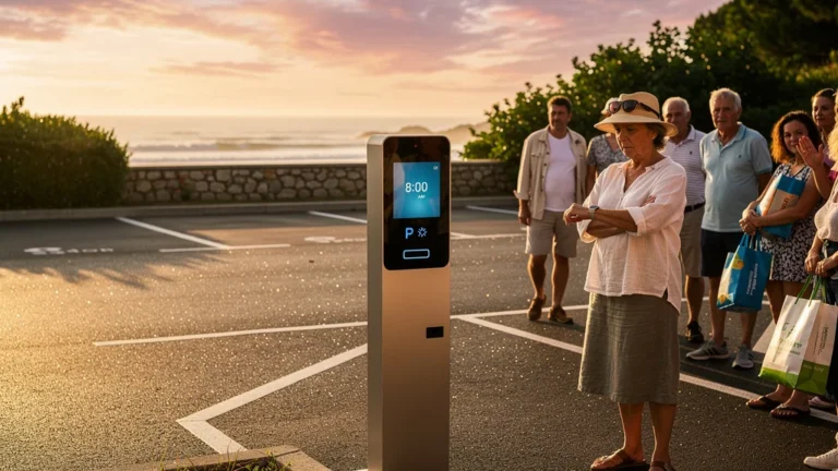 Parking à Port-Maria en août à 8h, réservation obligatoire, file d'attente au kiosque sous lumière dorée du matin