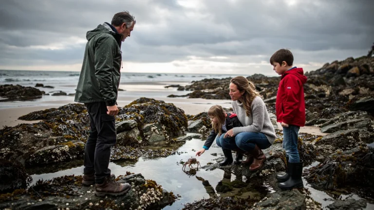 Famille face à la marée basse à Port-Blanc, regret de ne pas avoir vérifié la marée avant le départ