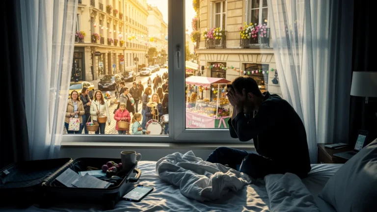 Vue réaliste d'une chambre côté rue animée à Pâques, illustrant le bruit et l'agitation imprévus