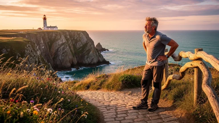 Voyageur épuisé à Belle-Île-en-Mer contemplant le paysage après une longue journée de randonnée