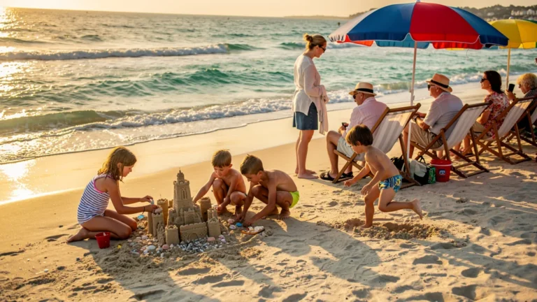 Plage de Quiberon en juillet ou septembre, familles avec enfants profitant du bord de mer
