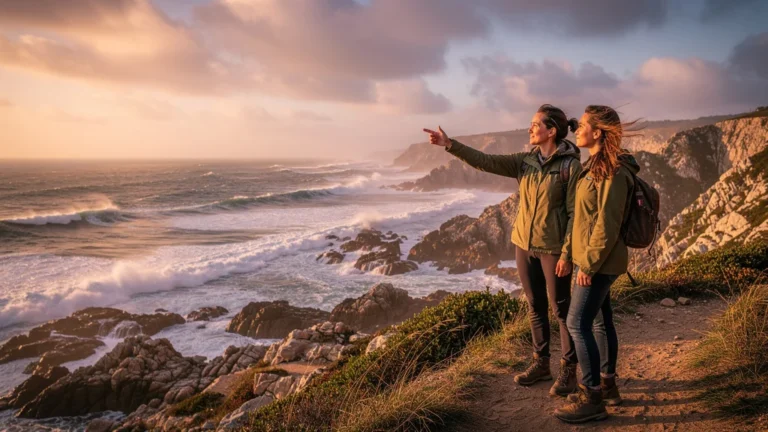 Vue hyper-réaliste de la Côte Sauvage avec une guide rassurante expliquant le paysage à une visiteuse