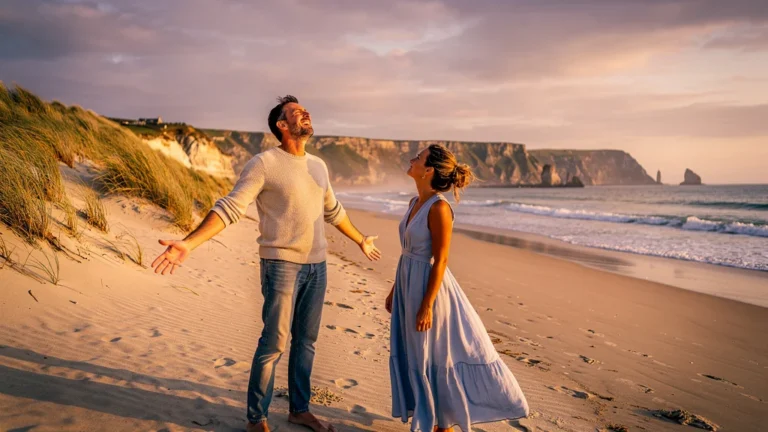 Homme ému découvrant la plage de Penthièvre en Bretagne lors d’un week-end transformateur