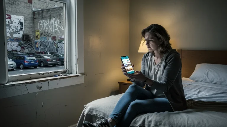 Hôtel sans vue à 180€ montrant une femme déçue regardant une vue urbaine terne