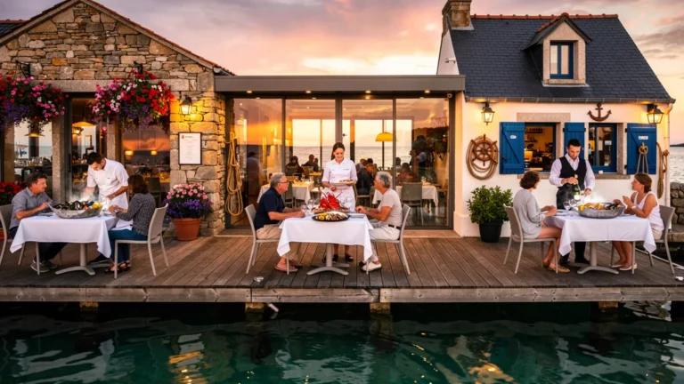 Vue photoréaliste de trois restaurants de fruits de mer à Port-Maria au coucher du soleil avec plats et ambiance marine