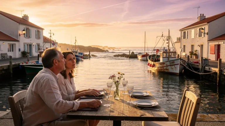 Vue port à Port-Haliguen avec terrasse, bateaux colorés, ambiance chaleureuse et lumière dorée