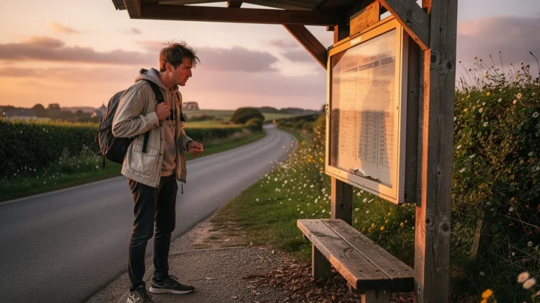 Personne frustrée au bord d’un arrêt de bus vide Auray-Quiberon, regret d’un billet à 75 € gaspillé