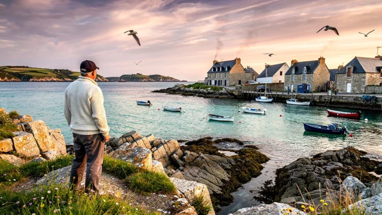 Vue réaliste de Locmariaquer, presqu'île bretonne hors de Quiberon, paysage côtier au coucher du soleil