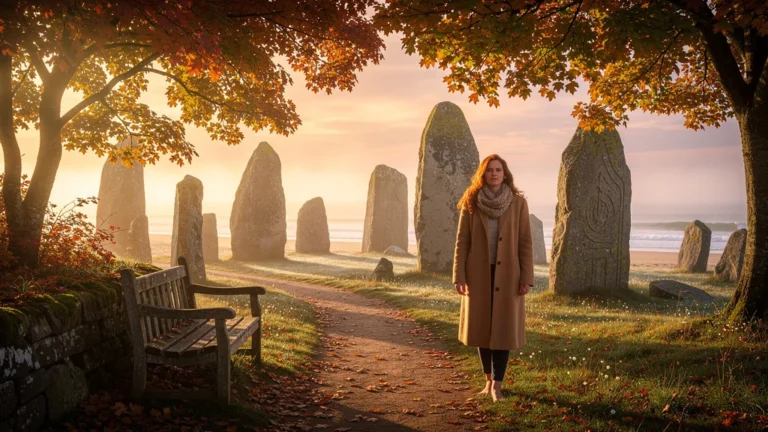 Automne à Carnac avec pierres dressées et femme apaisée oubliant ses échéances
