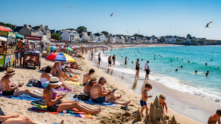 Plage bondée en été à Saint-Pierre-Quiberon sous un soleil éclatant, contrastant avec la sérénité hors saison