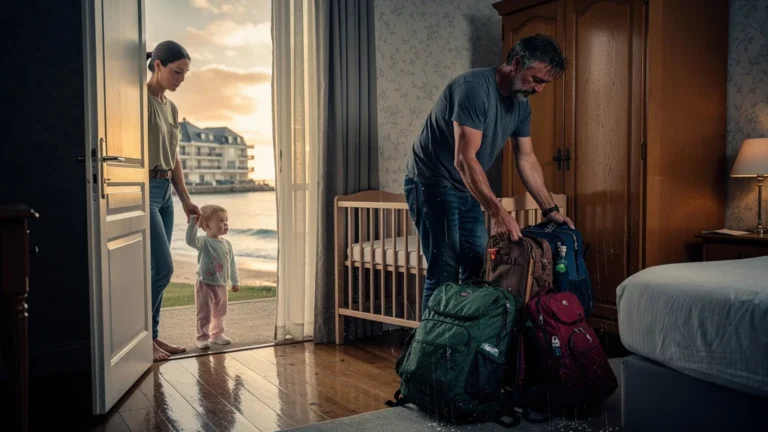 Chambre d’hôtel à Saint-Pierre avec lit bébé et sacs mouillés, choix idéal pour familles en vacances.