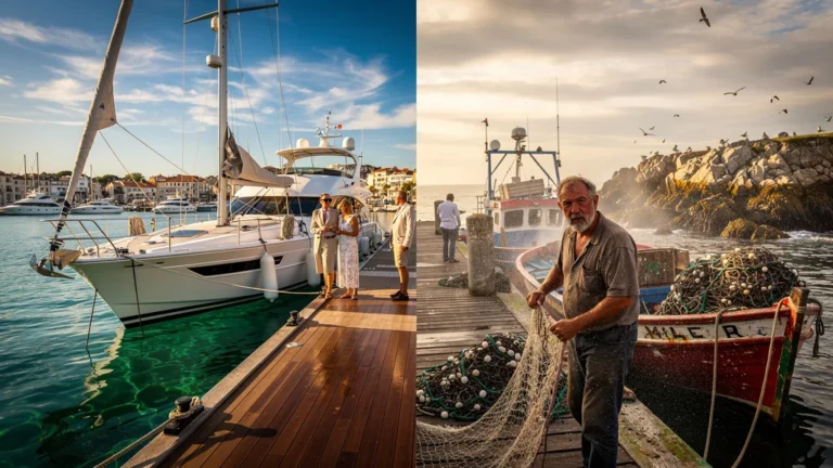 Vue hyperréaliste entre yachts luxueux à La Trinité-sur-Mer et pêche traditionnelle à Quiberon pour un week-end