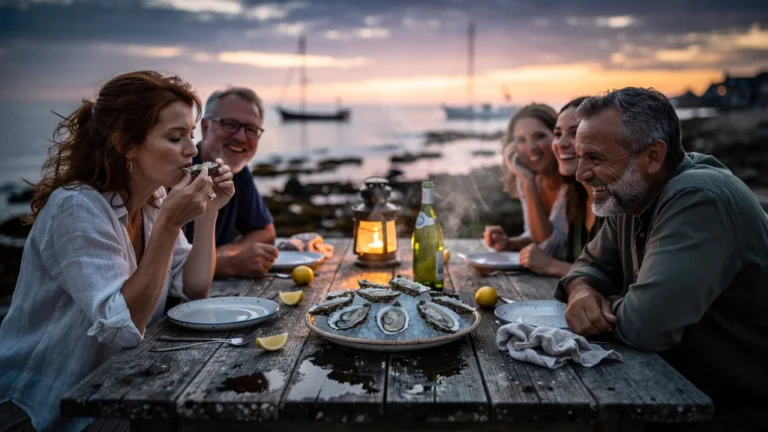 Dîner au coucher du soleil avec huîtres fraîches à Saint-Philibert, moment de convivialité et de sourires retrouvés