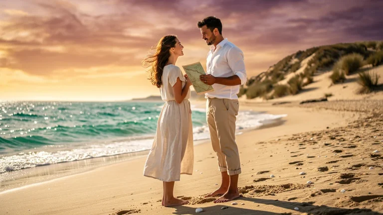 Couple négociant leur plage idéale lors d’un séjour à Penthièvre sur une plage au coucher de soleil