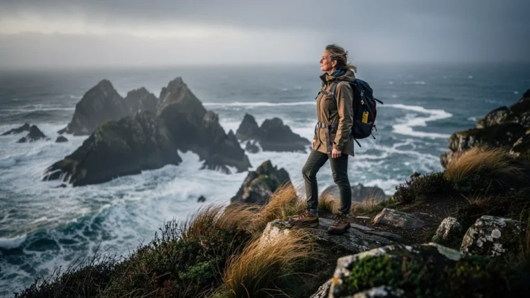 Hiker alone on rugged Côte Sauvage cliff off-season, authentic rental experience and wild coastal nature
