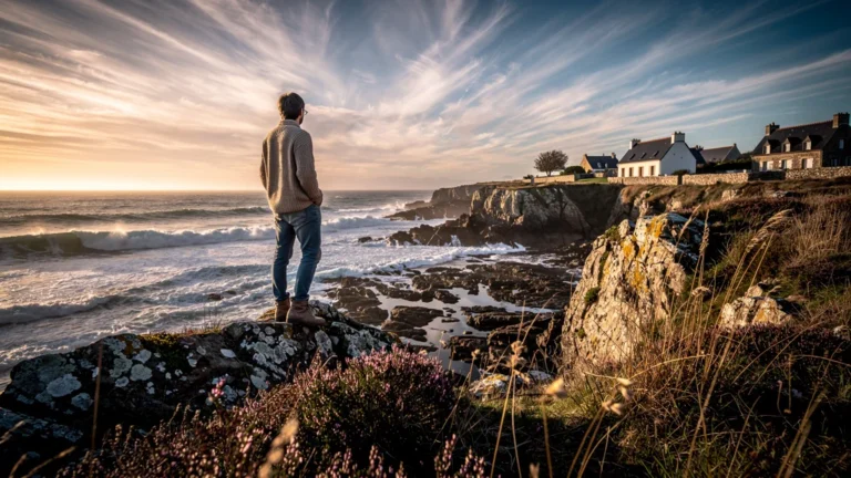 Vue hyper-réaliste de Plouharnel en octobre, ambiance automnale mélancolique sur la presqu'île bretonne