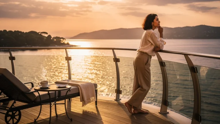 Balcon sur la baie au coucher de soleil avec femme pensant, ambiance intime et réaliste