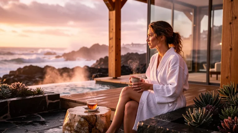 Jeune femme méditant au lever du jour sur la terrasse d’un hôtel-thalasso à Quiberon, ambiance calme et contrastée