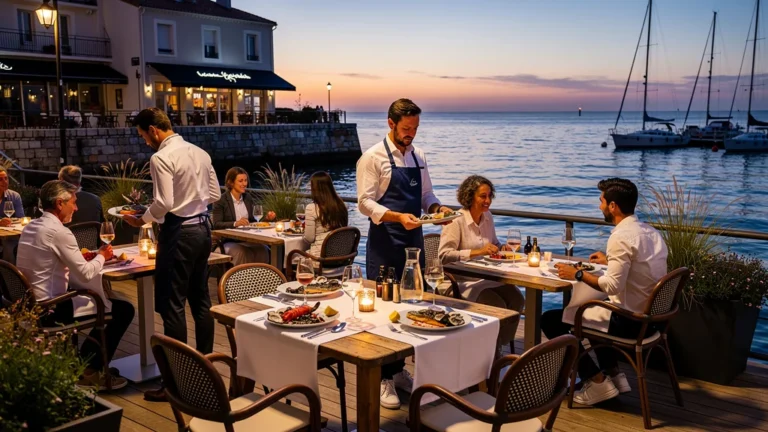 Vue réaliste des restaurants de Port-Haliguen et Port-Maria au crépuscule, ambiance gastronomique et terrasse animée