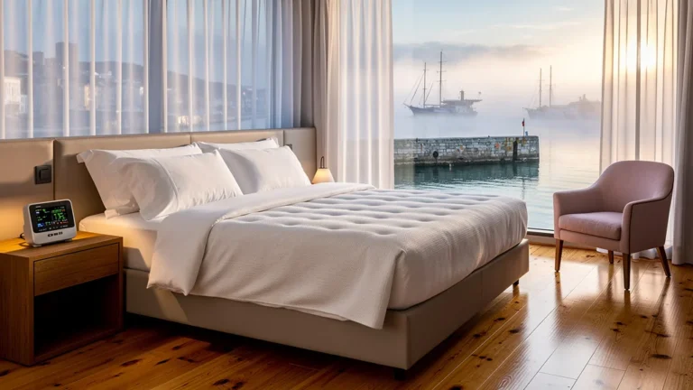Chambre d'hôtel calme avec literie confortable et vue sur trois ports au lever du soleil