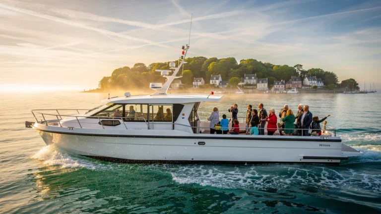 Traversée en ferry vers l’Île-aux-Moines illuminée par un soleil matinal éclatant, voyage transformant une excursion d’un jour