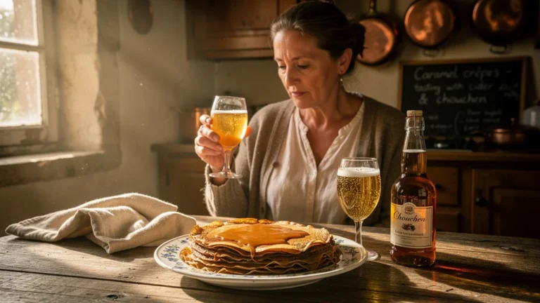 Cidre breton et chouchen accompagnant des crêpes au caramel dans une cuisine rustique chaleureuse