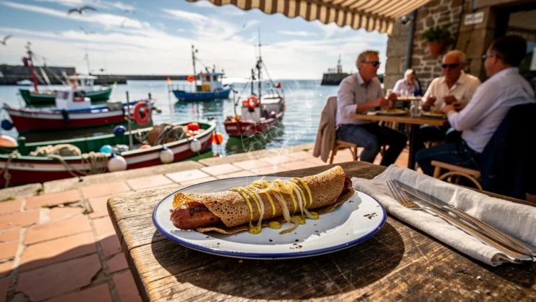 Galette saucisse traditionnelle servie sur une table en bois au port pour un déjeuner rapide en crêperie