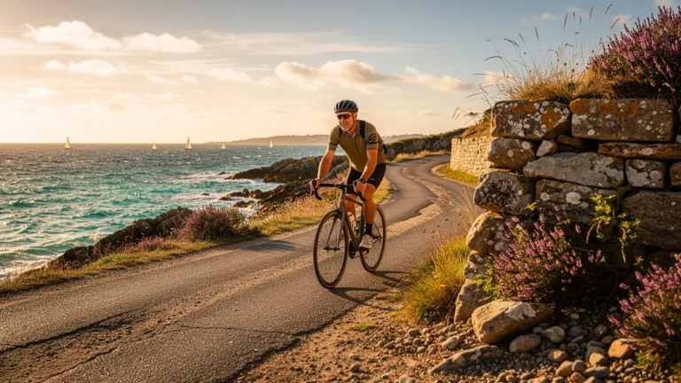 Cycliste paisible parcourant l'Île-aux-Moines à vélo en une demi-journée, ambiance lumineuse et naturelle
