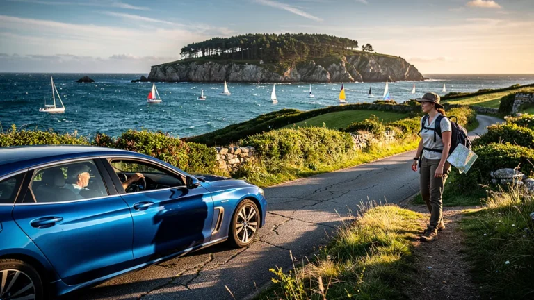 Photo réaliste du trajet Lorient-Groix en haute saison à pied et en voiture, paysage côtier breton