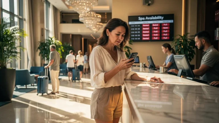 Femme déçue devant la réception d’un hôtel, spa complet en haute saison, réservation manquée