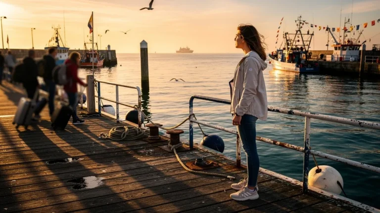 Femme bloquée au quai de Lorient après avoir raté le bateau pour Groix, ambiance maritime au coucher de soleil