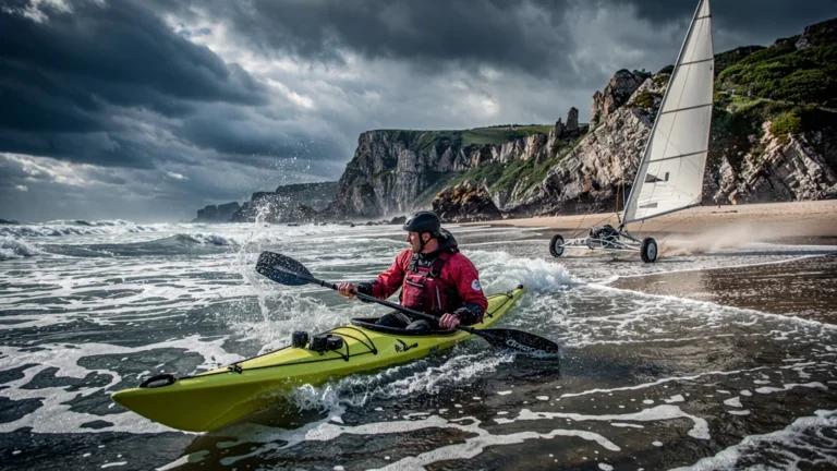 Kayak dans le golfe sous vent fort, Côte Sauvage, lutte intense contre le vent et la mer agitée