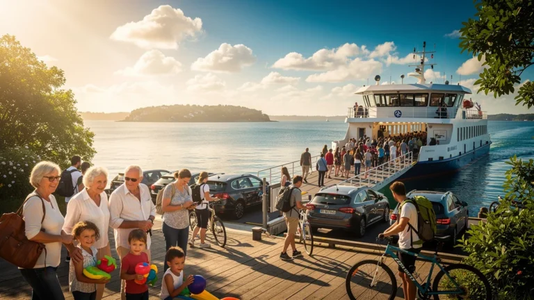 Le bac vers l'Île-aux-Moines se remplit rapidement un dimanche d'été, foule et voitures attendant le départ