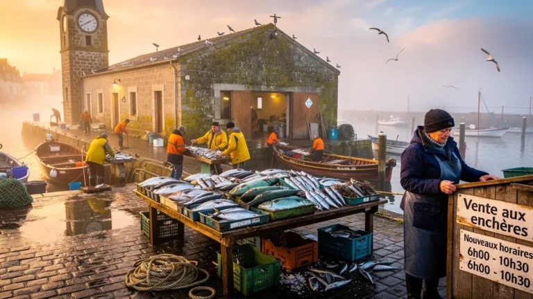 Le marché aux poissons de Quiberon au matin de l'ouverture de la criée avec pêcheurs et poissons frais
